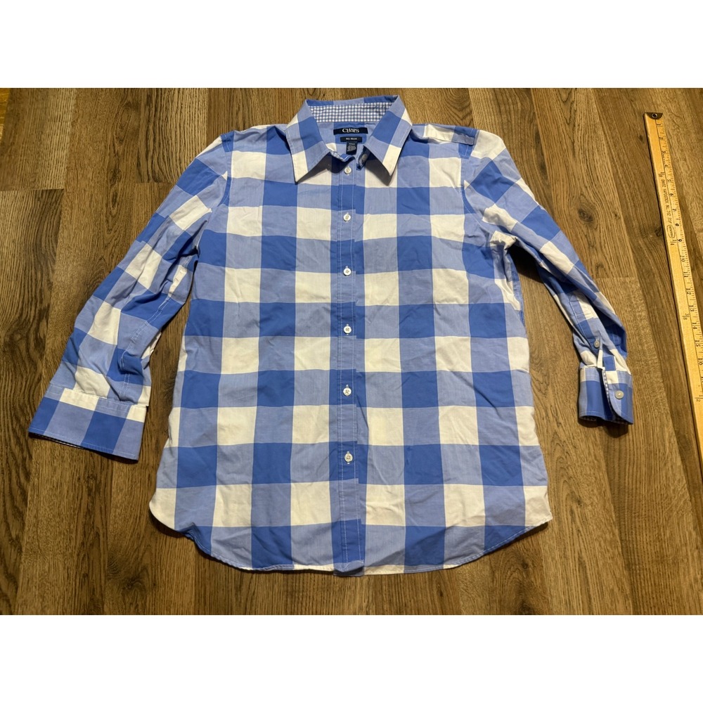Chaps Shirt Womens Size Medium Blue Gingham Button Up No Iron Casual